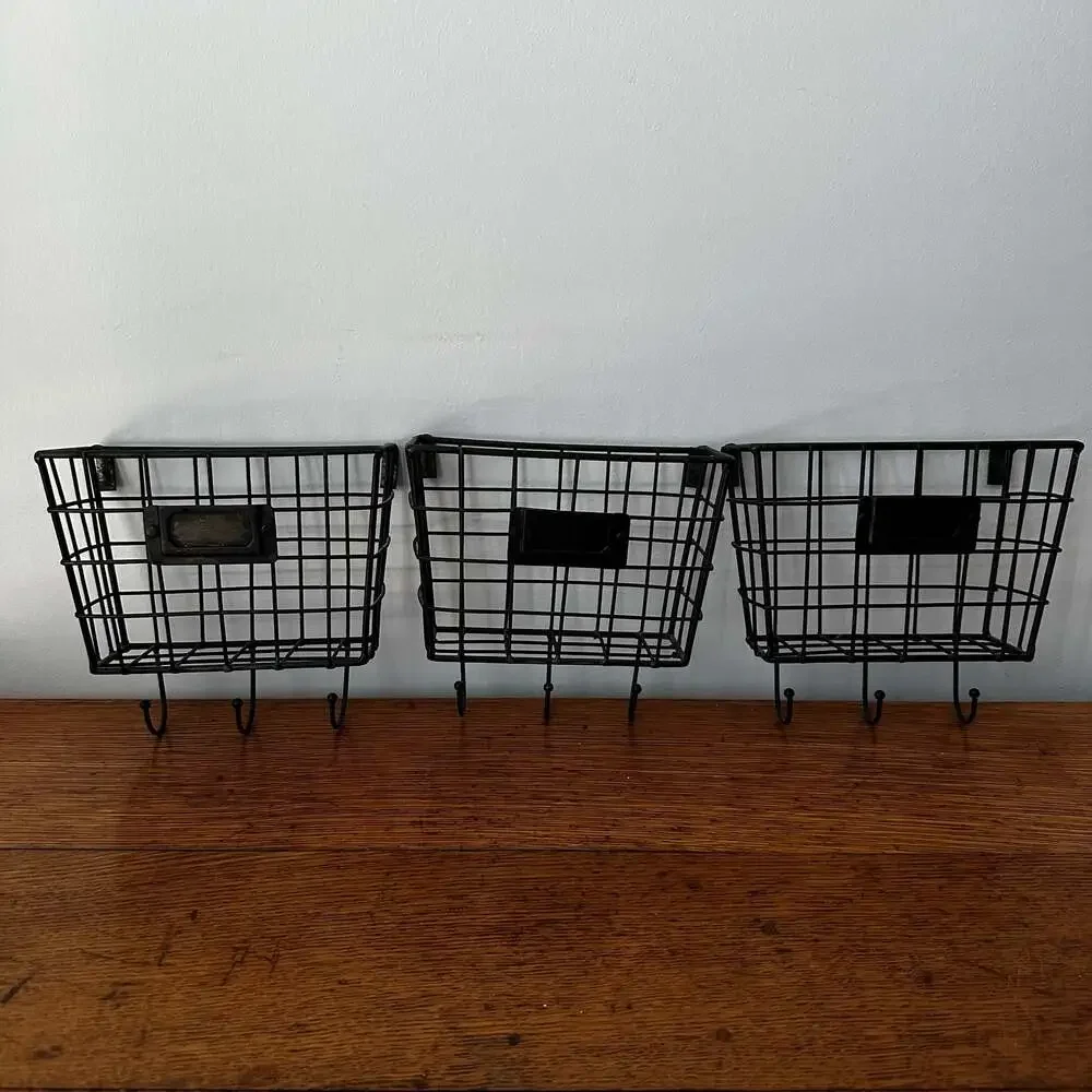 Set of 3 Industrial Black Wire Wall Mount Storage Baskets with Hooks and Label H